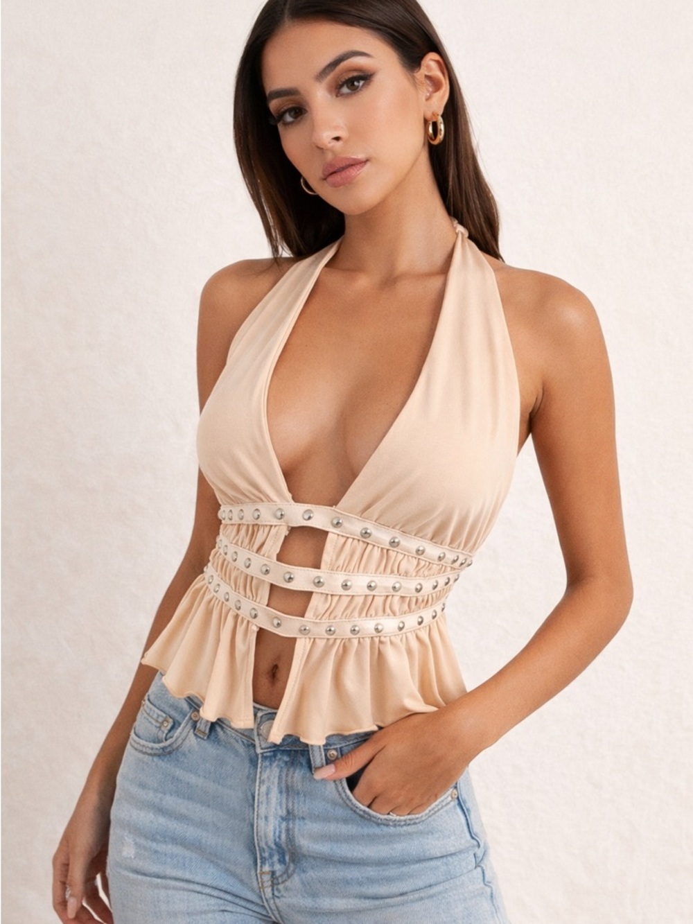 Edikted Beige Halter pleather studded detailing top